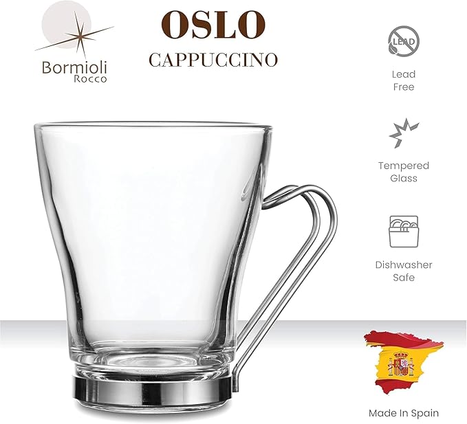 Bormioli Rocco Oslo 7.5 oz. Cappuccino Tempered Glass Cup with Removable Stainless Steel Handle for Coffee, Tea, Lattes, and Hot Drinks, Set of 4