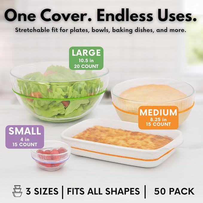 Plastic Bowl Covers, Elastic Reusable Food Covers for Bread Proofing, Storage & Outdoor Use – 50 Pack, Stretch Fit, 3 Sizes