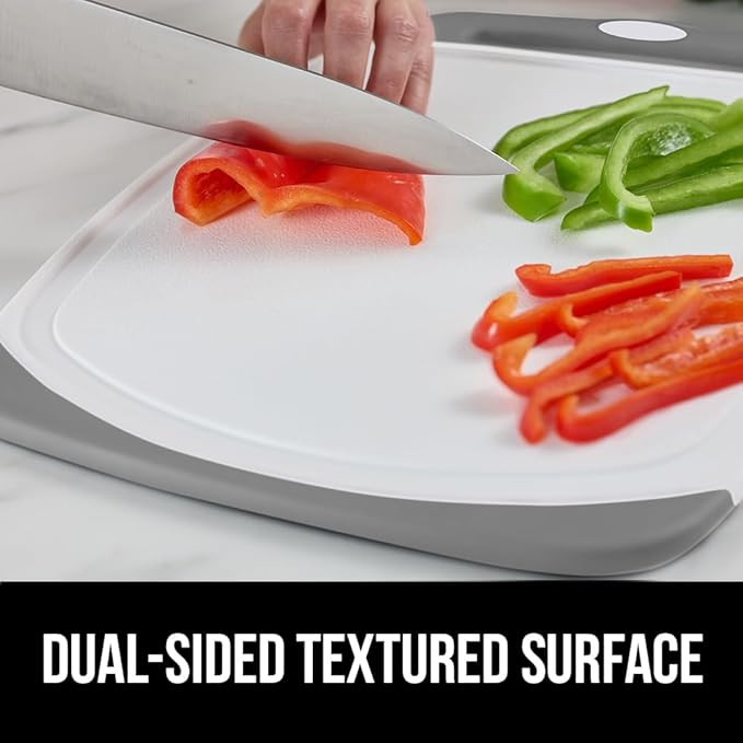 GORILLA GRIP BPA-Free Reversible Kitchen Cutting Board Set of 3, Nonporous, Juice Grooves to Catch Liquid, Slip Resistant Handle Border, Dishwasher Safe, Durable Large Food Chopping Boards, Gray