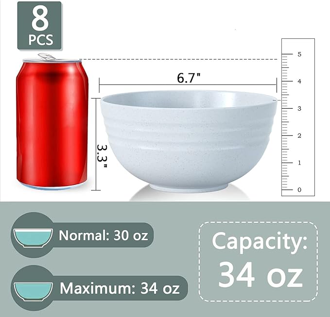 Homestockplus 【Set of 8】 Unbreakable Large Bowls,34 Oz Ramen Bowls BPA-Free Eco-Friendly Soup Bowl Set for Cereal, Salad, Soup, Ramen,Grains,Oatmeal Apply to Kitchen, Dishwasher & Microwave Safe