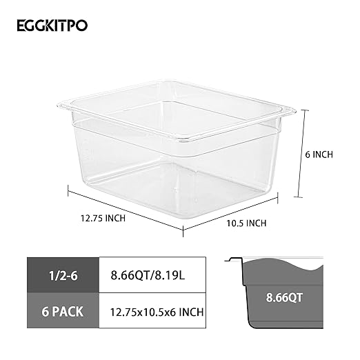 Half Size Food Containers 6 Pack 6 Inch Deep Hotel Pan Clear BPA free Polycarbonate Stackable Food Storage Container for Kitchen Business and Food Serving