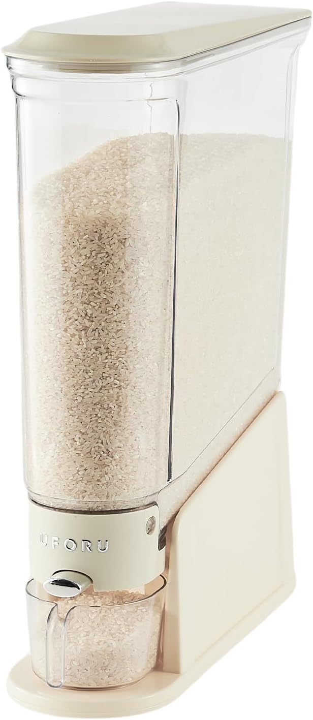 Rice Dispenser 22Lbs, Slim Rice Storage Container for Small Space, BPA-Free Clear Dry Food Dispenser Sealed Moisture Proof, Grain&Cereal Storage Bucket for Kitchen Pantry Household, Cream White