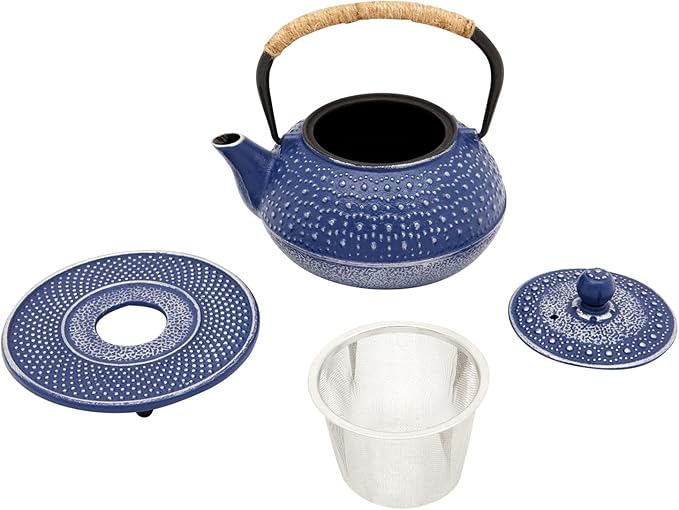 Juvale Cast Iron Teapot with Infuser - Blue, 27 oz (800 mL) - Stovetop Tea Kettle for Loose Leaf Tea - Includes Stainless Steel Infuser & Trivet