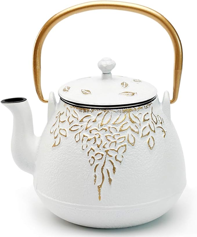 Tea Kettle, TOPTIER Japanese Cast Iron Teapot with Infuser for Loose Leaf and Tea Bags, Stovetop Safe Cast Iron Tea Kettle Coated with Enameled Interior for 40 oz (1200 ml), White