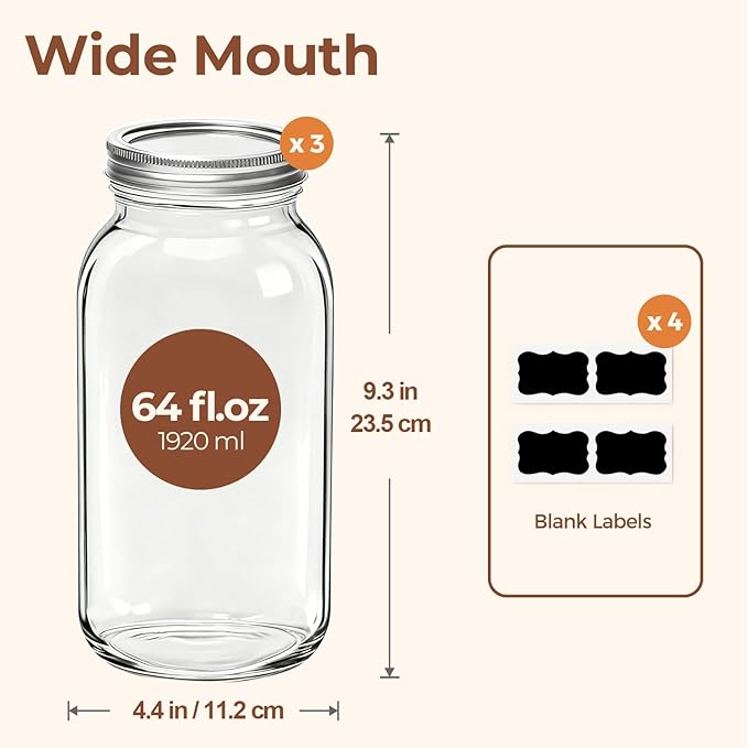 ComSaf Large Mason Jars 64oz Half Gallon 3 Pack, Wide Mouth Mason Jars with Lids and Seal Bands, Glass Canning Jars for Pickling, Jam, Jelly, Salad, Desert, Shower Wedding Favors