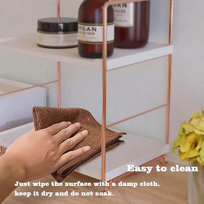 Plastic/Metal Freestanding Stackable Organizer Shelf,Bathroom Countertop Storage Shelf Cosmetic Organizer Holder Kitchen Spice Rack,2-Tier Standing Rack (Rose Gold)