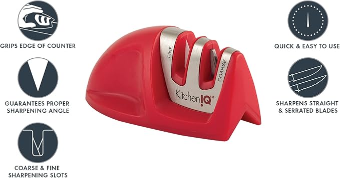 KitchenIQ 50883 - Edge Grip 2-Stage Knife Sharpener - Red - Coarse & Fine Sharpeners - Compact - Stable Non-Slip Base - Soft Grip Rubber Handle - Straight & Serrated Knives