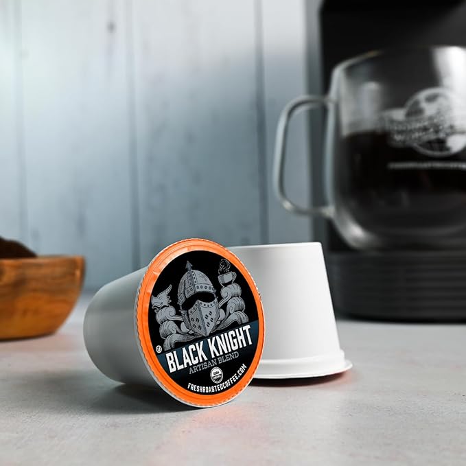 Fresh Roasted Coffee, Organic Black Knight | USDA Organic, Kosher | Dark Roast 96 Pods for K Cup Brewers