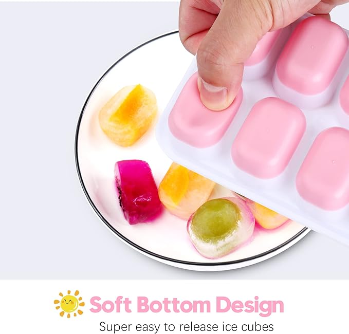 Silicone Ice Cube Tray, 4 Pack Easy-Release & Flexible 14-Ice Cube Trays with Spill-Resistant Removable Lid, Stackable Ice Trays with Covers for Freezer, Cocktail (Pink)