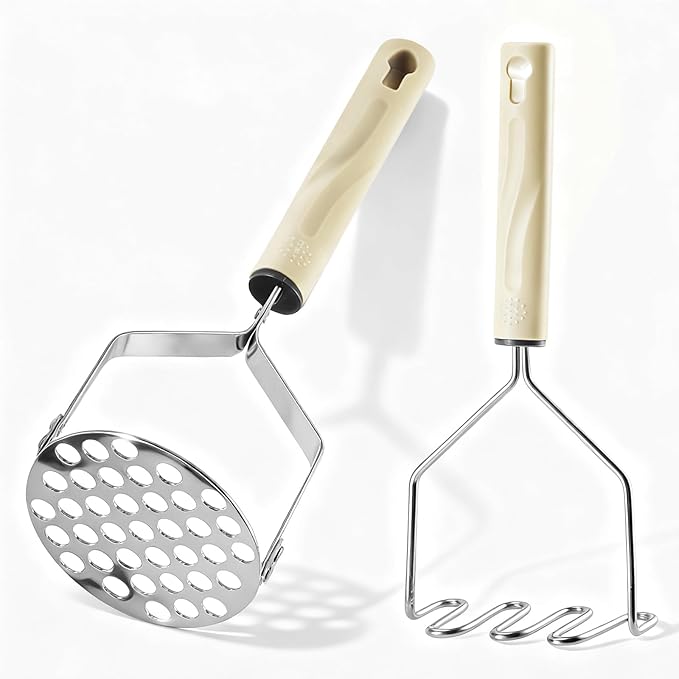 Potato Masher Stainless Steel, 2pcs Heavy Duty Mashed Potato Mashers - Masher Kitchen Tool & Food Mashers for Potatoes, Beans, Avocado, Meat, Vegetables Dishwasher Safe