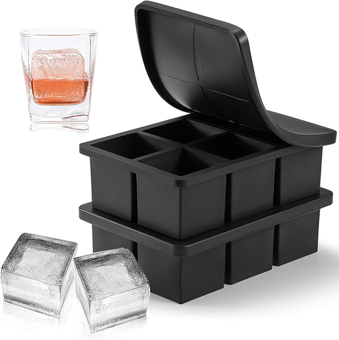 Nax Caki Large Ice Cube Tray with Lid Pack of 2, Stackable 2 Inch Big Silicone Square Ice Cube Mold for Whiskey Cocktails Bourbon Soups Frozen Treats, BPA Free