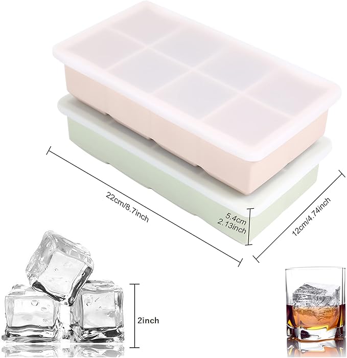 LessMo Ice Cube Tray with Lid - 2 Pack Large Silicone Ice Tray Molds for Freezer, BPA Free, Big Square Ice Cube for Whiskey, Cocktails, Baby Food, Juices