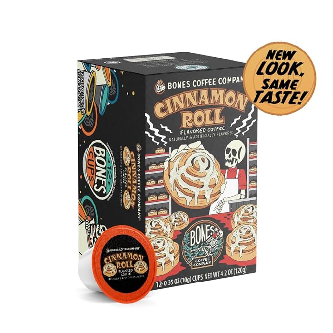 Bones Coffee Company Cinnamon Roll Flavored Coffee Pods, Low Acid Medium Roast Single-Serve Bones Cups, Compatible with 1.0 & 2.0 K-Cups Brewers Coffee Maker, 12 Count