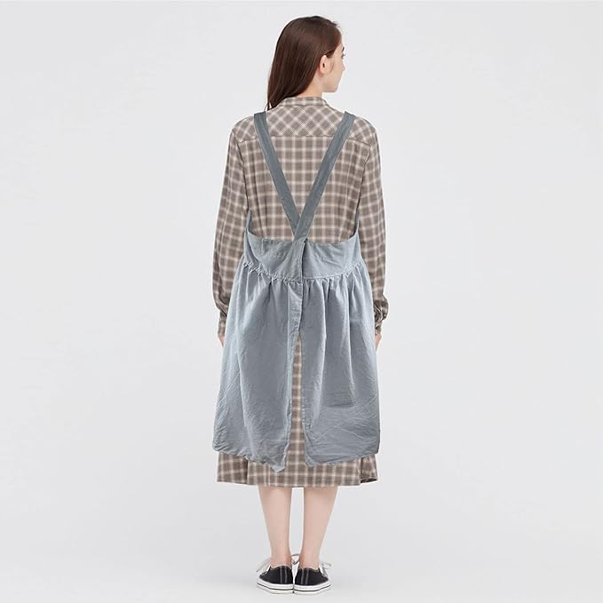 Uaussi Cotton Linen Apron Cross Back Work Apron for Women with Pockets Pinafore Dress X Cross Halter Apron for Chef Gardening