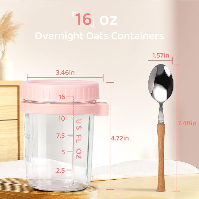 Glass Overnight Oats Containers with Lids and Spoon, 16oz Wide Mouth Mason Jars for Overnight Oats, Cereal, Yogurt, Salad Lunch Container with Measurement Marks - MultiColor 4 Pack