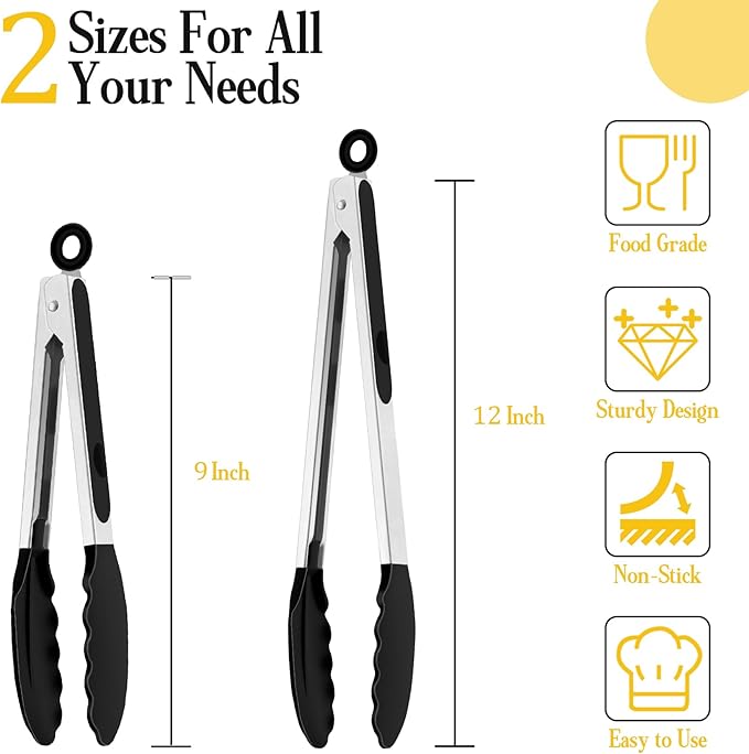 TeamFar Kitchen Tongs, 9" and 12" Stainless Steel Cooking Tongs with Silicone Tips for Cooking Grilling Serving & BBQ, Heat Resistant Silicone Tongs, Locking Design & Dishwasher Safe, Set of 2 & Black