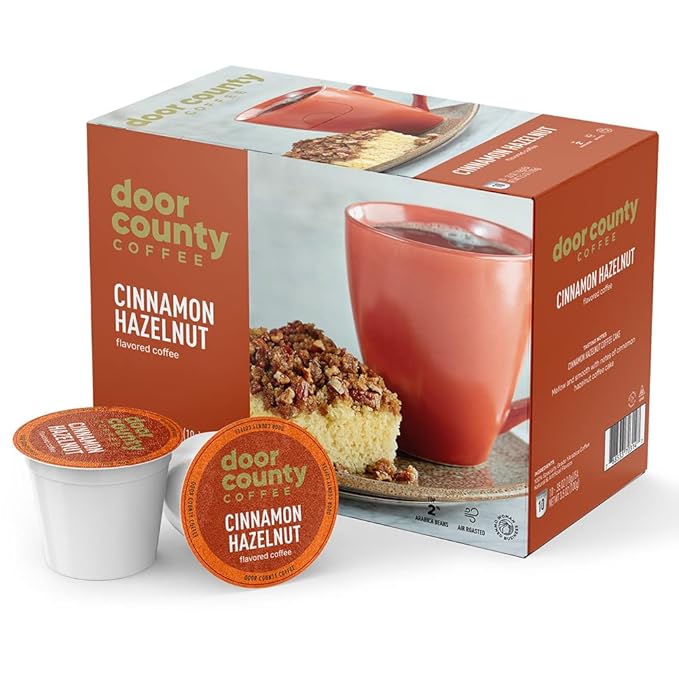 Door County Coffee Cinnamon Hazelnut Flavored Ground - 10 Count Single Serve Cups - Medium Roast - 100% Specialty Arabica - Flavored Gourmet - Cinnamon Hazelnut