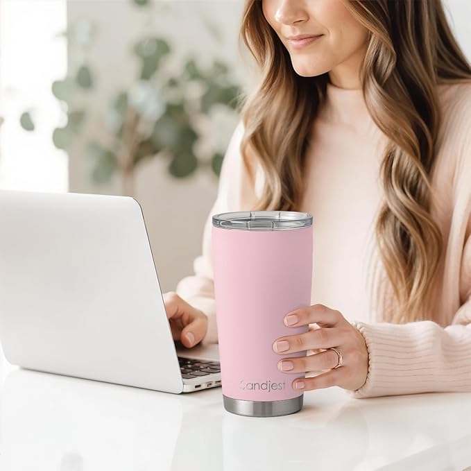 SANDJEST Pink Tumbler 20oz Stainless Steel Double Wall Vacuum Insulated, Travel Coffee Cup, Gifts for Men Women Birthday Christmas