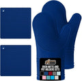 GORILLA GRIP BPA-Free Soft Silicone Oven Mitts and Pot Holders Sets of 4, Heat Resistant Waterproof Cooking Gloves, Thick Cotton Lining, Flexible Gripping for Baking Grilling, Kitchen Trivets, Blue