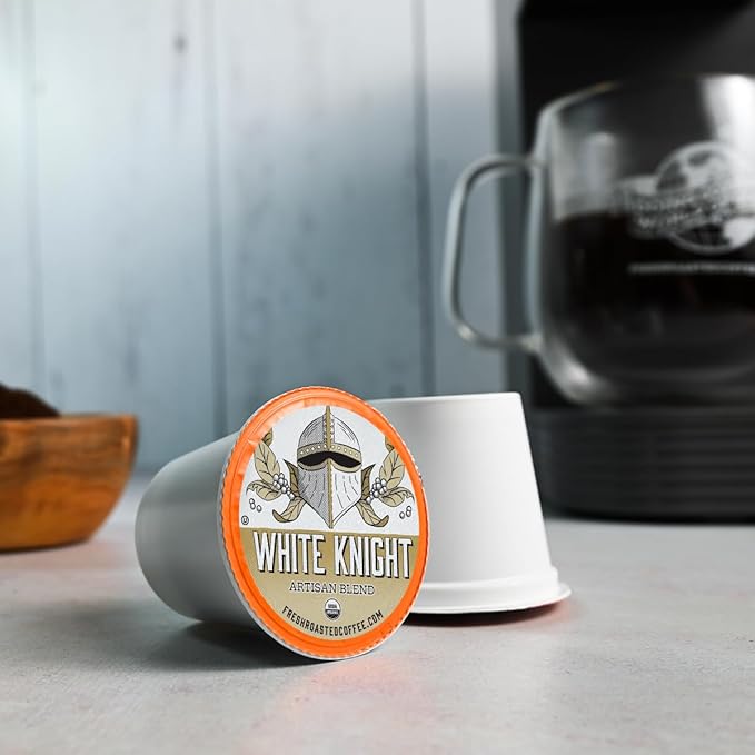 Fresh Roasted Coffee, Organic White Knight | USDA Organic, Kosher | Light Roast 24 Pods for K Cup Brewers