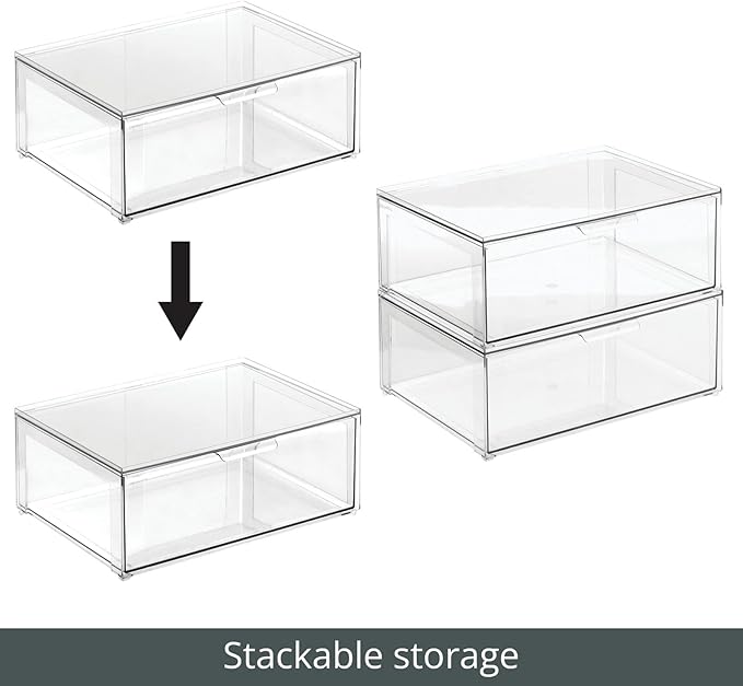 mDesign Plastic Stackable Kitchen Storage Organizer Bin Containers with Front Pull Drawer for Cabinet, Pantry, Fridge, Freezer, Shelf, Refrigerator Organization - Lumiere Collection - Clear