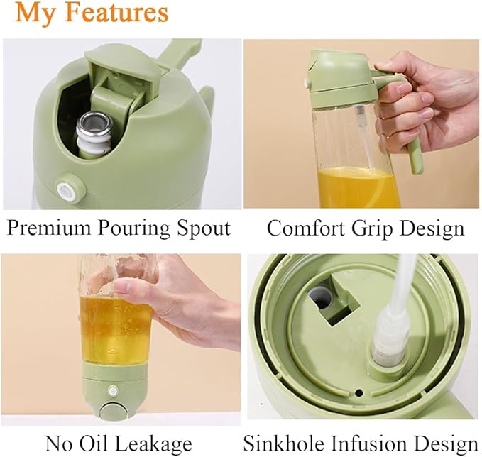 Olive Oil Sprayer Mister for Cooking,2 in 1 Olive Oil Dispenser Bottle for Kitchen,17oz Oil Sprayer for Cooking,Premium Glass Oil Mister Bottle for Air Fryer,Barbecue,Salad,Frying,BBQ (Green 1 Pack)