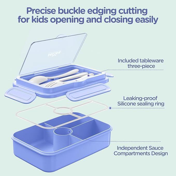 Jelife Bento Lunch Box for Kids - Large Bento-Style Leakproof Bento Boxes with 4 Compartments Lunchbox with Silverware for Kids Back to School, Reusable On-the-Go Meal and Snack Containers,Macaron