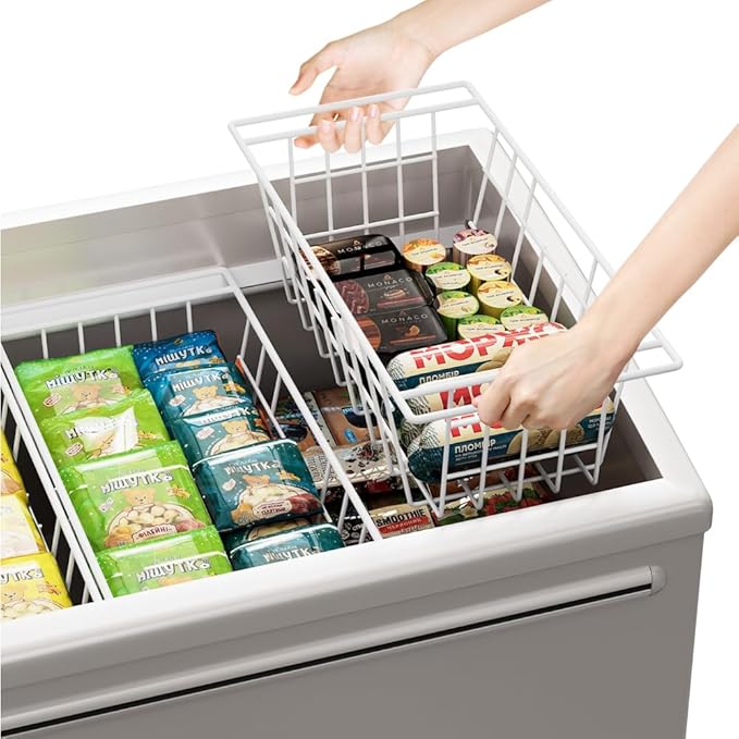 Slideep 17.5'' Large Storage Baskets Chest Freezer Organizer, Sturdy Metal Wire Pantry Freezer Bin for Home Kitchen Organization 2 Packs, White