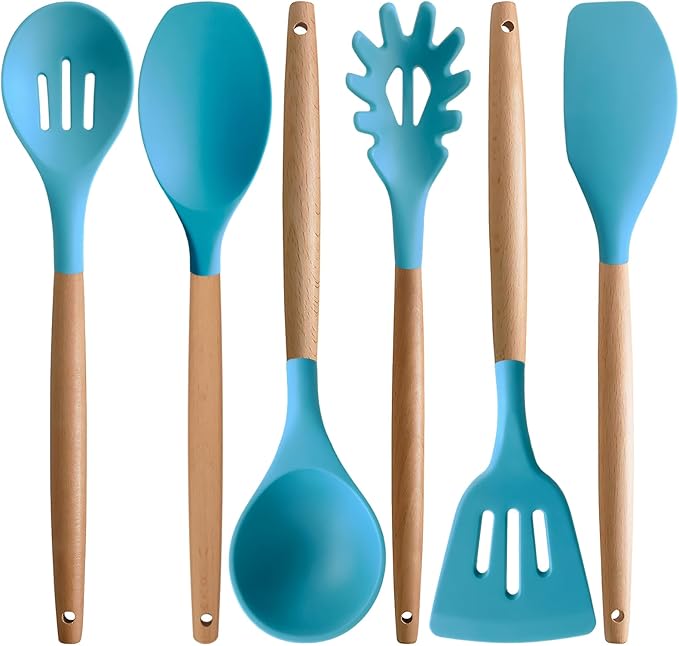 Kitchen Utensils Set 6-Piece Non-Stick Silicone Cooking Utensils Set, Wood Handle Heat Resistant Spatula Spoon Turner Ladle Pasta Server Cooking Kitchen Gadgets BPA Free for Nonstick Cookware