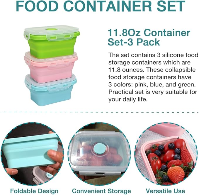 Alimat PluS 11.8oz Small Silicone Collapsible Food Storage Containers With Lids, 3 Pack Set 350ml Collapsible Food Storage Containers with Lids, Travel Food Containers for Outdoor and Kitchen