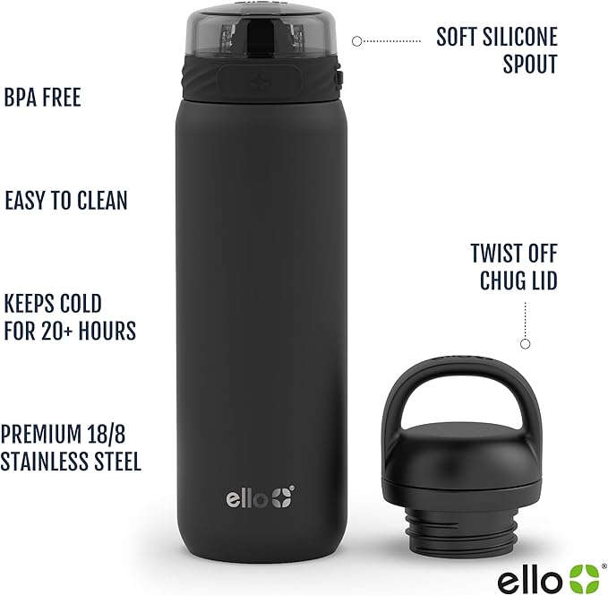 Ello Cooper 22oz Stainless Steel Water Bottle with 2 Lids Chug and Straw | Leak Proof Double Walled and Vacuum Insulated | Fits Car Cupholder | Built in Carry Loop | Dishwasher Safe | Lilac
