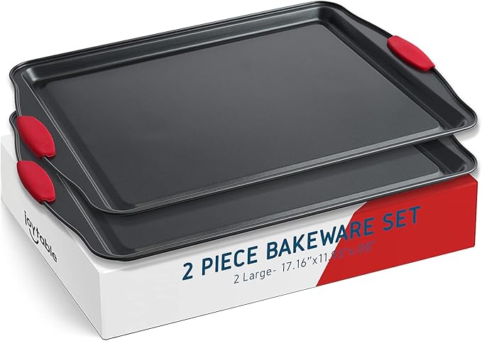 Baking Sheet Set, 2-Piece Large Cookie Sheet Set with Silicone Handles, Steel Baking Pan, Baking Sheets for Oven, BPA Free Cookie Sheets for Baking Nonstick Set, Premium Sheet Pan, Black Baking Tray