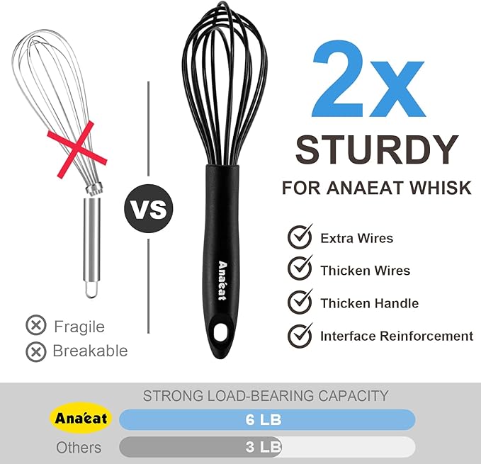 Anaeat 9" Silicone Balloon Whisk, Perfect for Non-Stick Cookware, Milk and Egg Beater Blender, Heat Resistant Kitchen Whisks for Whisking, Cooking, Baking, Beating, Frothing & Stirring (Black)