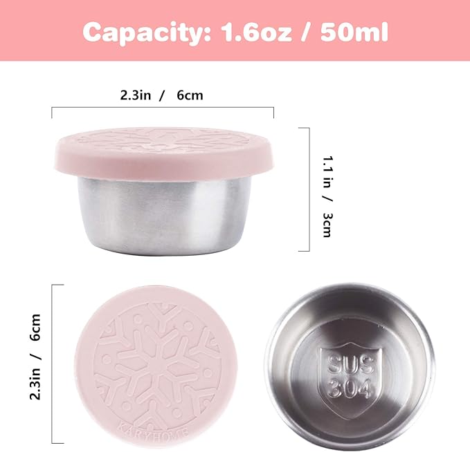 LALASTAR Salad Dressing Containers Set, Small Condiment Containers with Silicone Lids, Leakproof & Reusable for Condiments, Snacks, Dipping Sauce, Stainless Steel, 4x1.6oz, Pink