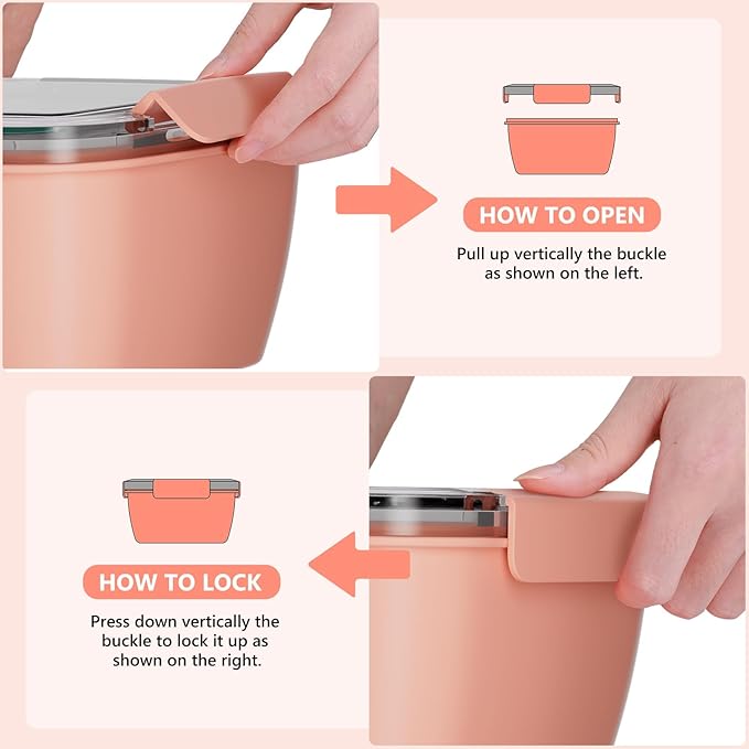Cherrysea Salad Lunch Box, 2Pack Bowls with 3 Compartments, Leak Proof with Fork & Sauce Container - Green+Pink