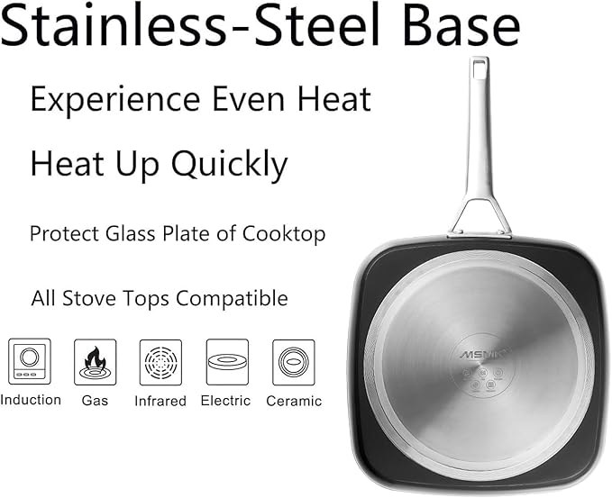 MsMk Square Grill Pan with Lid, 9.5 Inch Titanium and Ceramic Nonstick Grilling Skillet Pan，Stay-Cool Handle，Compatible with All Stovetops，PFOA Free，Dishwasher & Oven Safe，Indoor Chicken Skille