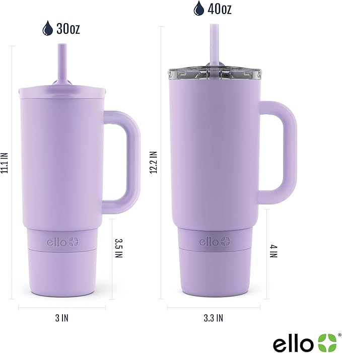 Ello Port 30oz Tumbler with Carry Loop & Integrated Handle | Vacuum Insulated Stainless Steel Reusable Water Bottle Travel Mug | Leak Proof Lid | Flexible Straw | BPA-Free | Dishwasher Safe | Lilac
