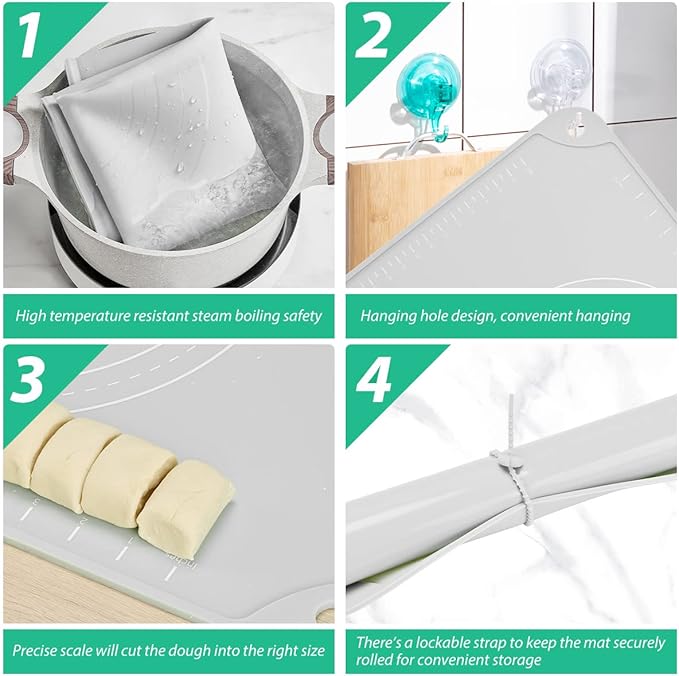 Silicone Pastry Mat 20"*16" Extra Thick Non Stick Baking Mat Food Grade Silicone Dough Rolling Bake Mat with Edge Heightening Light Grey