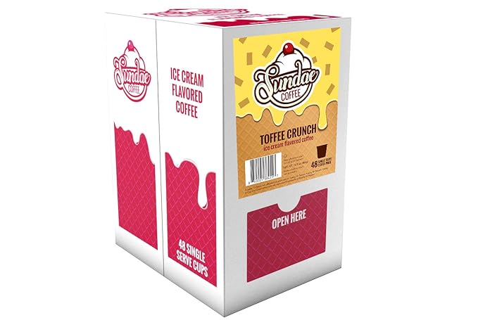 Sundae Ice Cream Flavored Coffee Pods, Compatible with 2.0 Keurig K-Cup Brewer, (Toffee Crunch) 48 Count