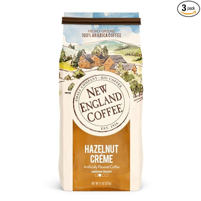 New England Coffee Hazelnut Crème Medium Roast Ground Coffee, 11oz Bag (Pack of 3)