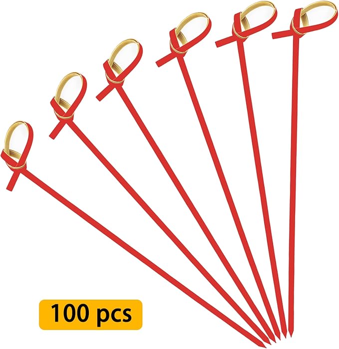 BLUE TOP Bamboo Cocktail Picks 100 PCS Red Bamboo Skewers 6 Inch with Looped Knot, Food Picks,Party Toothpicks for Appetizers,Cocktail Drinks,Barbecue Snacks,Club Sandwiches.