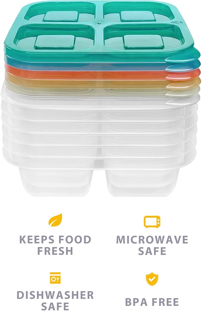 Finorder 6 Pack 4-Compartment Food Containers, Reusable Snack Containers for Kids Adults School Work Picnic Trip, Lunch Bento Box Meal Prep Containers (Dark Color Set)