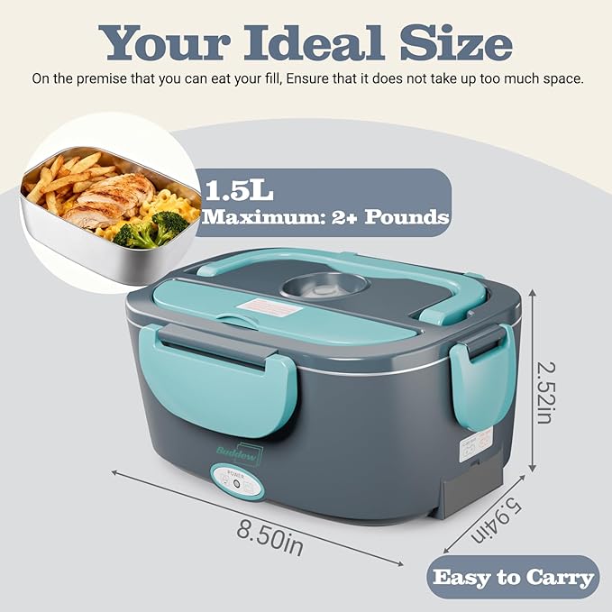 Buddew Electric Heated Lunch Box for Adults - 80W Fast Heating, 1.5L Food-Grade Stainless Steel, 12V/24V/110V Portable Food Warmer for Work Travel Car, Lonchera Electrica Portatil (Blue)