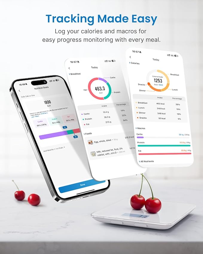 RENPHO Food Scale with Nutritional Calculator, Digital Kitchen Scale for Weight Loss, Smart Food Weight Scale with App for Macro Keto Calorie Cooking, Grams and Ounces, White, 11lb/5kg