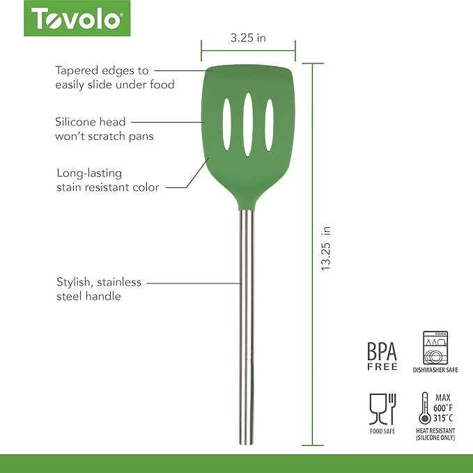 Tovolo Silicone Slotted Turner With Stainless Steel Handle, Pancake Spatula, Scratch-Resistant Kitchen Utensil for Nonstick Cookware & Cast Iron Skillets, Pesto, 1 Count