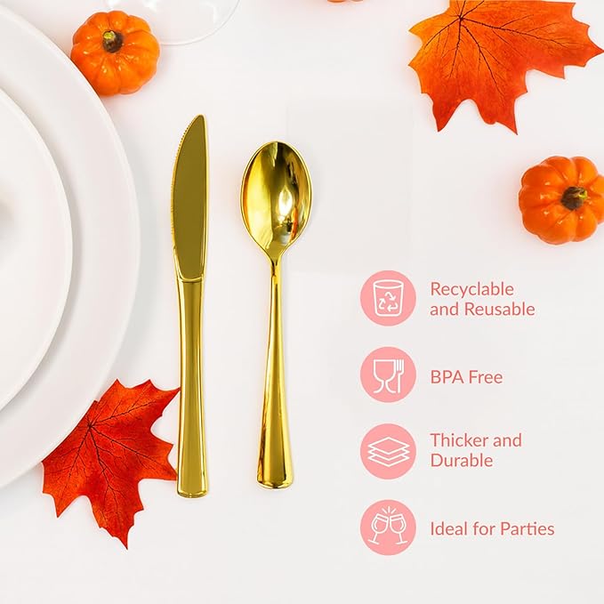 Prestee 300 ct Gold Plastic Silverware Set - Heavy Duty Disposable Cutlery - 100 Forks, 100 Spoons, 100 Knives - Elegant Gold Finish Utensils for Weddings, Parties, Holidays