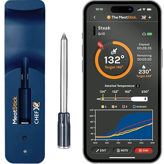 ChefX Wireless MeatStick - Smart 4 Sensor Bluetooth Meat Thermometer for Grilling & Smoking, 650ft+ Range