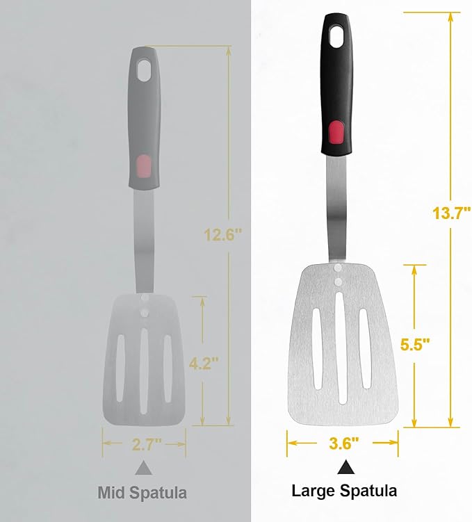 Stainless Steel Spatula, Flexible Metal Slotted Turner for Cast Iron Skillet, Thin Blade and Heat Resistant Silicone Handle, Great for Egg, Cookie, Meat, Crep, Large