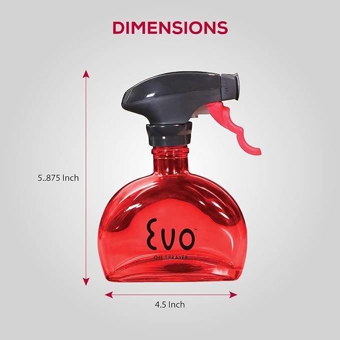 Evo Glass Oil Sprayer Bottle | Non-Aerosol for Olive Oil, Cooking Oils, Vinegars | 6-Oz Capacity | Rotatable Nozzle | Gourmet Cooking Tools - Food-Safe Materials | Red