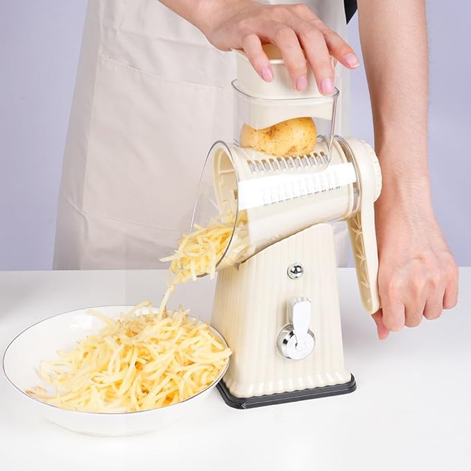 Manual Rotary Cheese Grater, White, 5-in-1 Vegetable Slicer with Suction Base, Stainless Steel Blades, Hand Crank Design for Kitchen